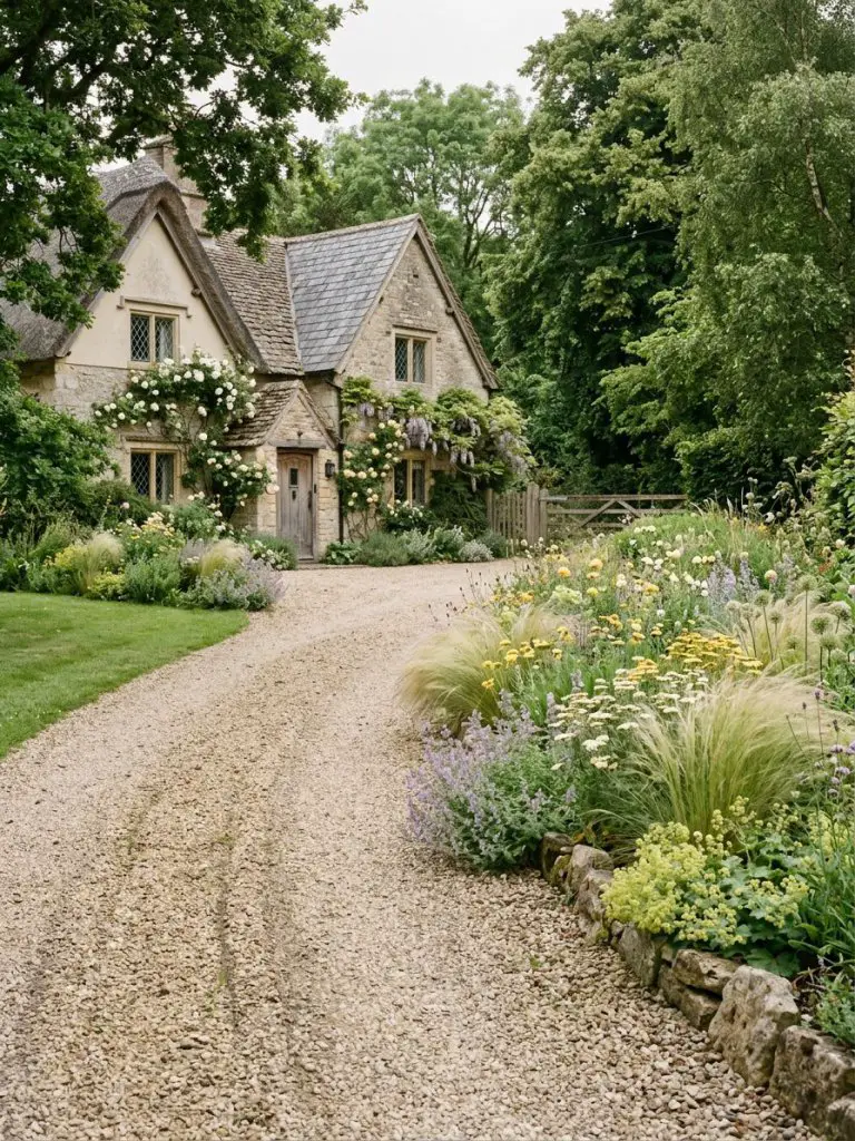 A charming cottage-style driveway flower bed featuring informal plantings of wildflowers and airy ornamental grasses.