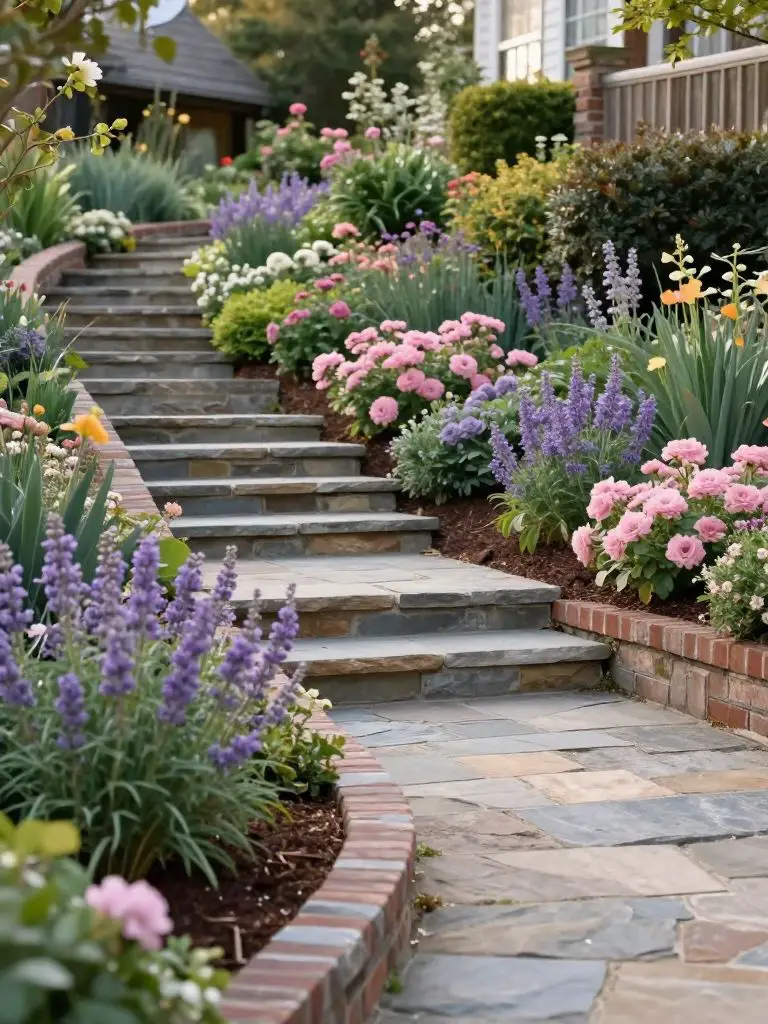 A charming cottage-style sloped driveway landscaping design featuring stone steps and blooming groundcover.