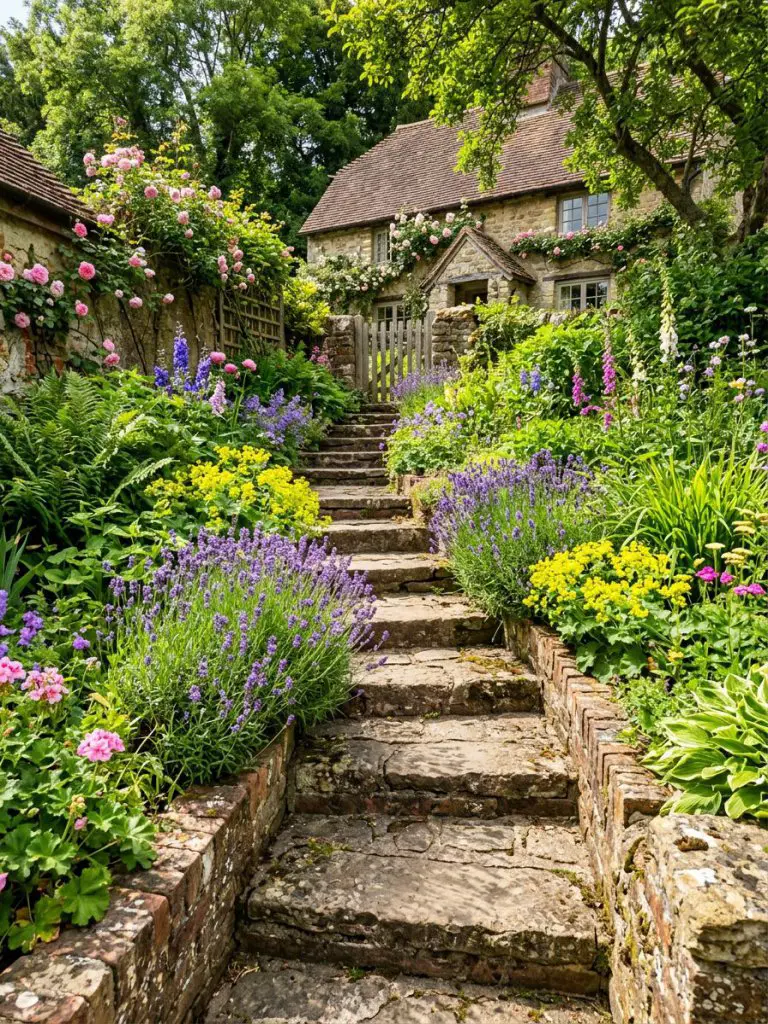 A cottage-style small sloped garden with stone steps winding through lush greenery and colorful flowers like yellow blooms, purple lavender.