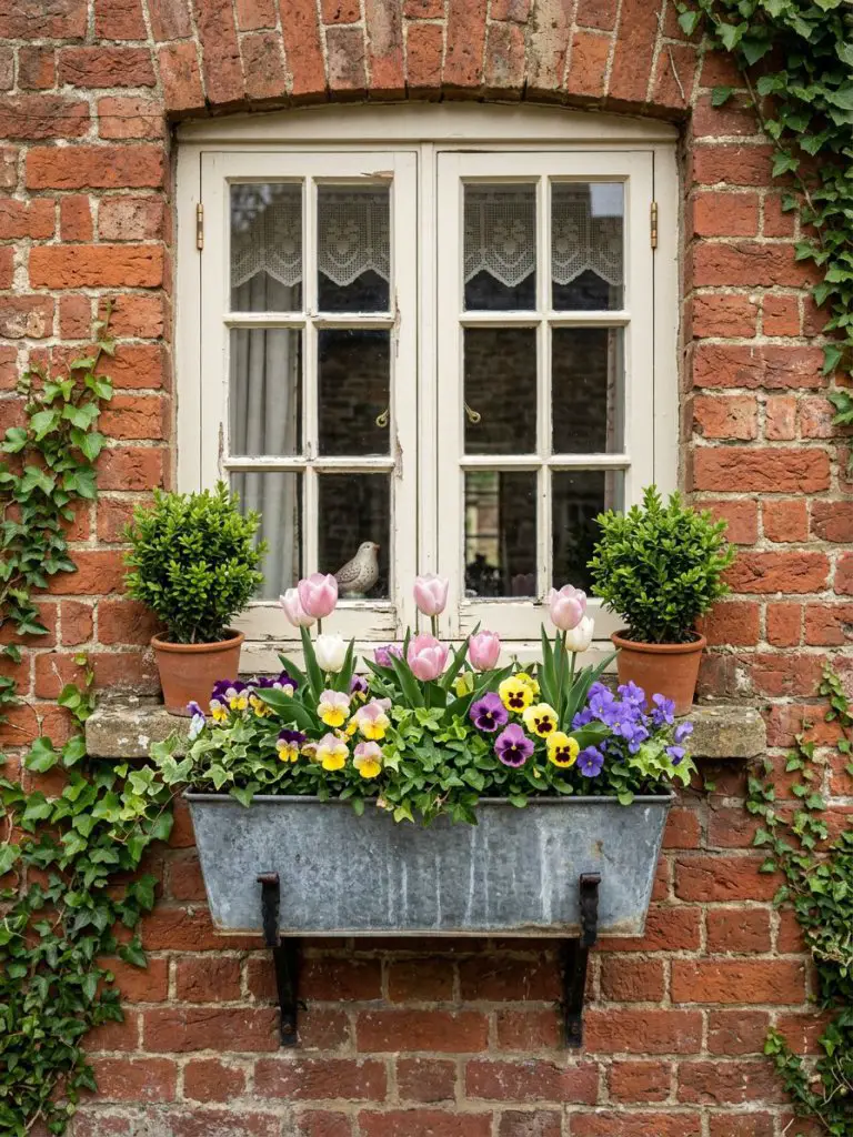 A charming window-mounted flower bed against a red brick facade, styled in English cottage-inspired design.