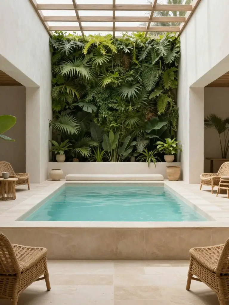 A serene courtyard plunge pool designed in a modern minimalist style, featuring built-in seating surrounding a small rectangular pool and a.