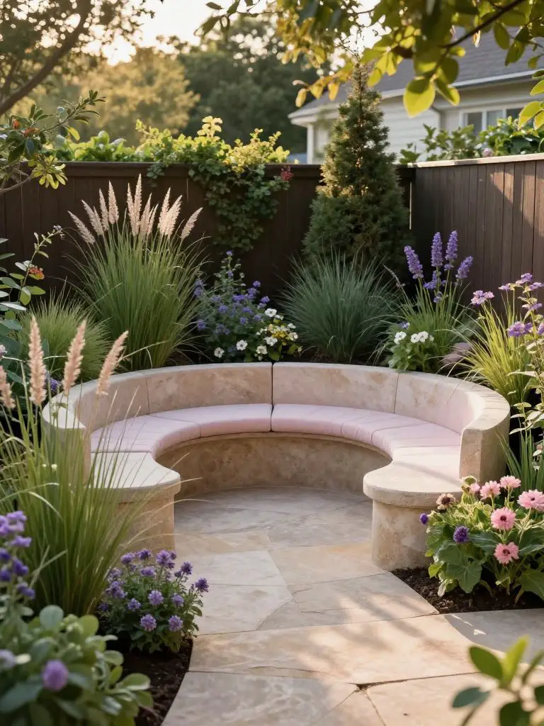 A cozy backyard flower bed designed around a small seating nook, blending warm minimalist and modern rustic styles.