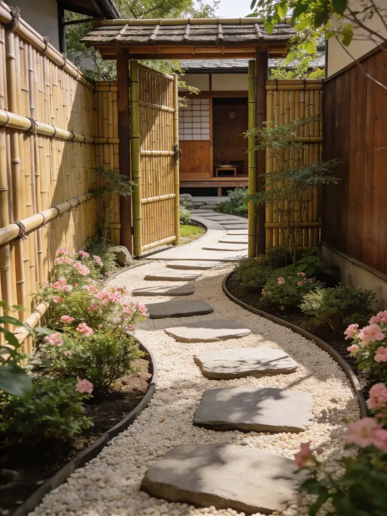 A cozy Japanese backyard tea garden with a curved stepping stone path leading through a bamboo gate toward a wooden structure.