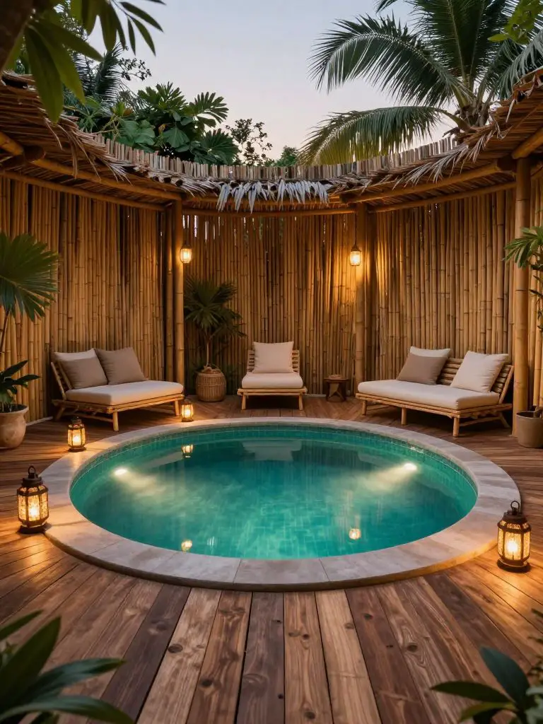 A cozy bamboo-enclosed spa pool setting designed in a tropical rustic style with intimate ambiance.