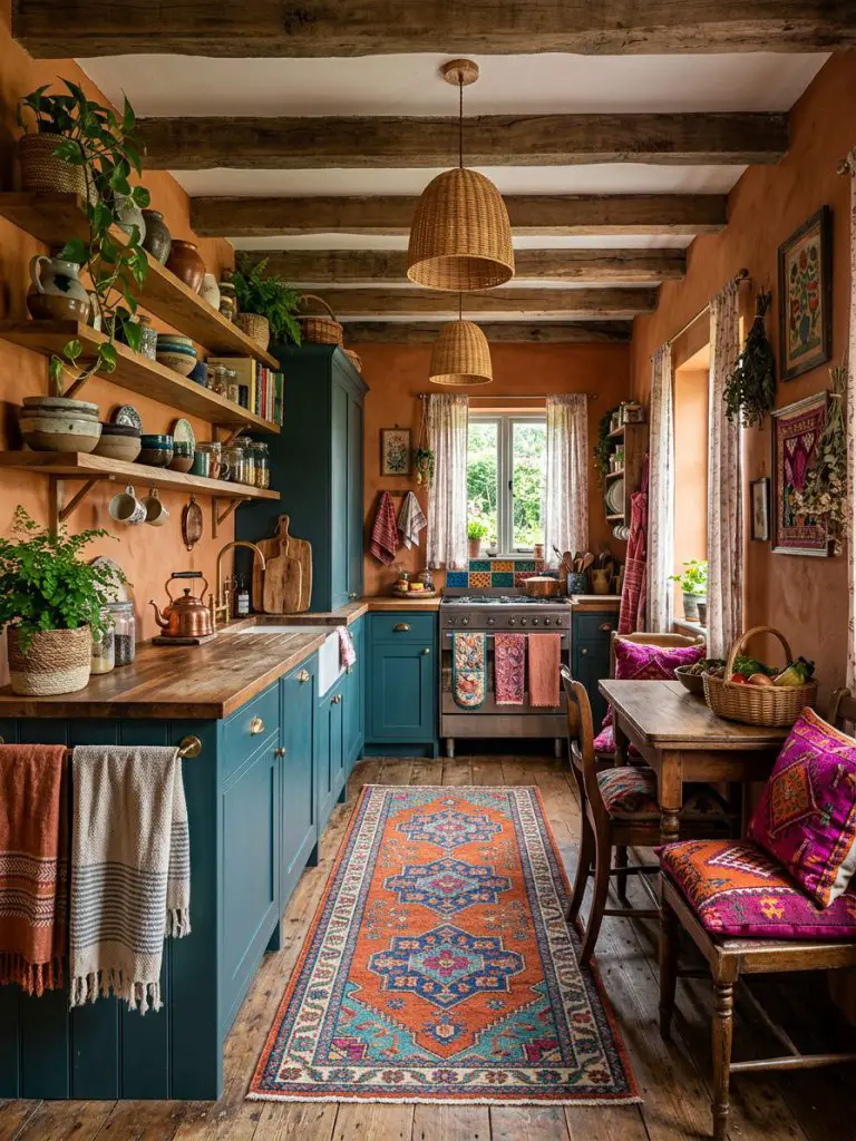 A cozy boho kitchen with rich orange walls and teal cabinetry, layered with bold textiles and vintage decor in a rustic bohemian style.