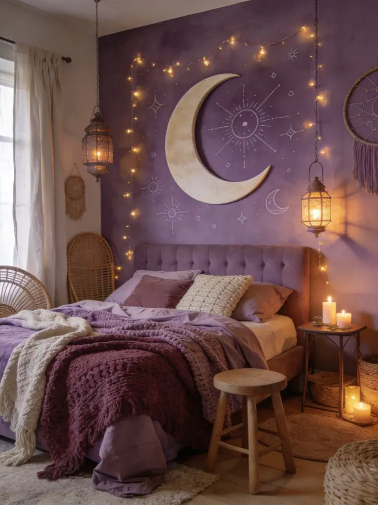 A cozy boho-inspired purple witchy bedroom featuring a soft upholstered bed layered with textured knit blankets and linen bedding in muted p.