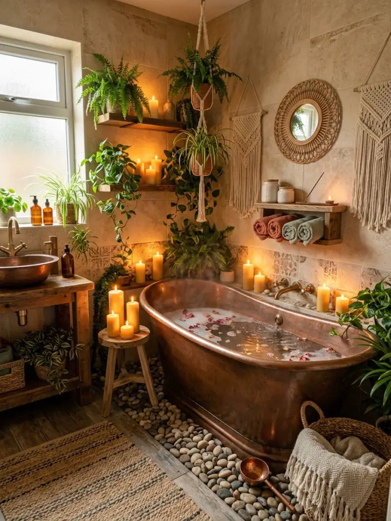 A cozy bohemian tiny bathroom designed for relaxation, featuring a freestanding soaking tub as the hero element placed slightly off-center.