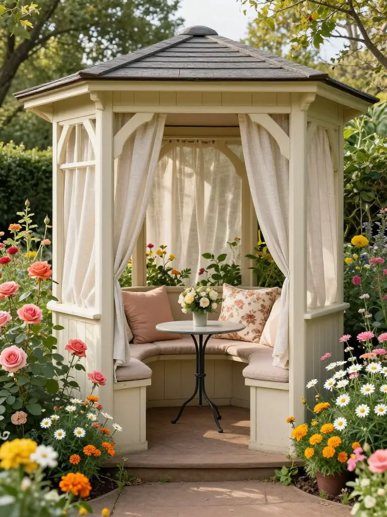 A small secret garden nook designed in classic English cottage garden style with modern rustic softness, featuring a cozy cushioned seating.