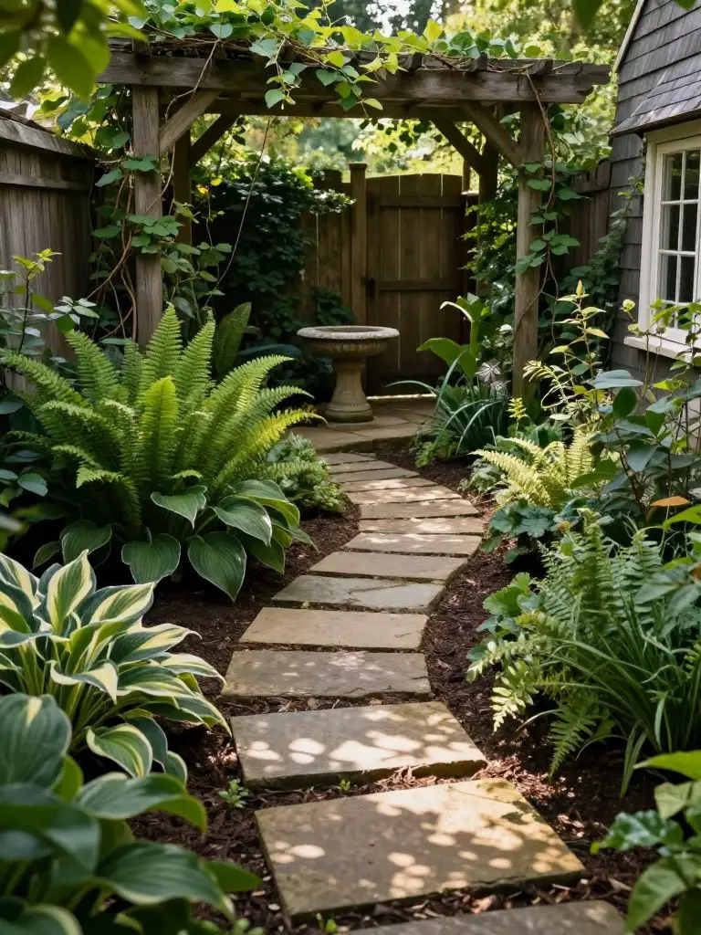 A cozy cottage-style side yard garden with a winding stepping stone path made of irregular natural stone slabs set into rich dark soil.