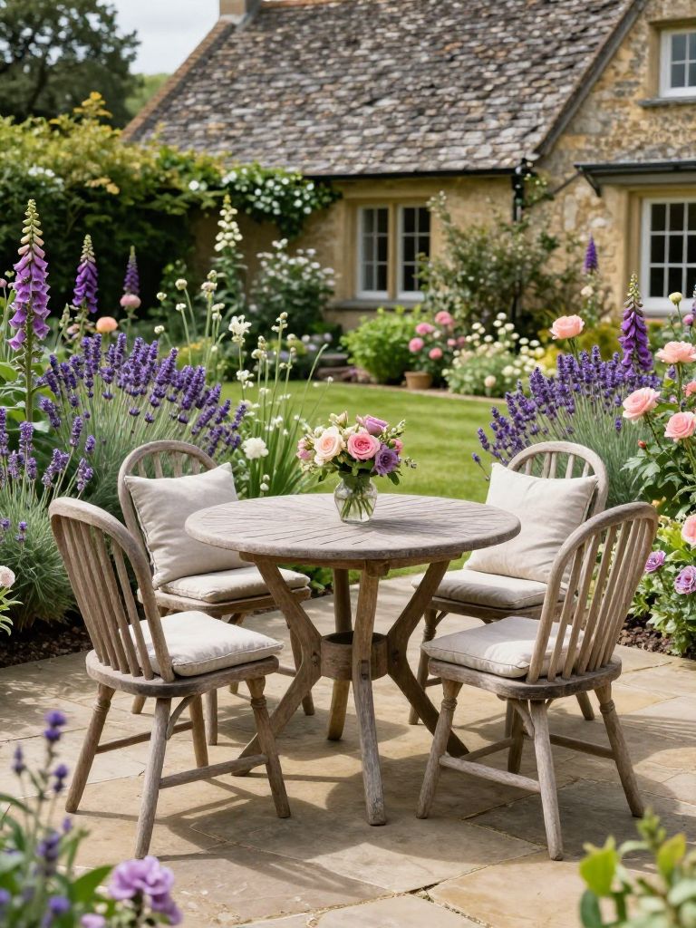 A cozy English garden patio scene with rustic charm and countryside elegance.
