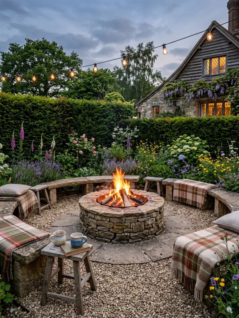 A cozy cottagecore fire pit area nestled within a hedge-lined backyard, designed in a warm rustic style with circular stone seating.