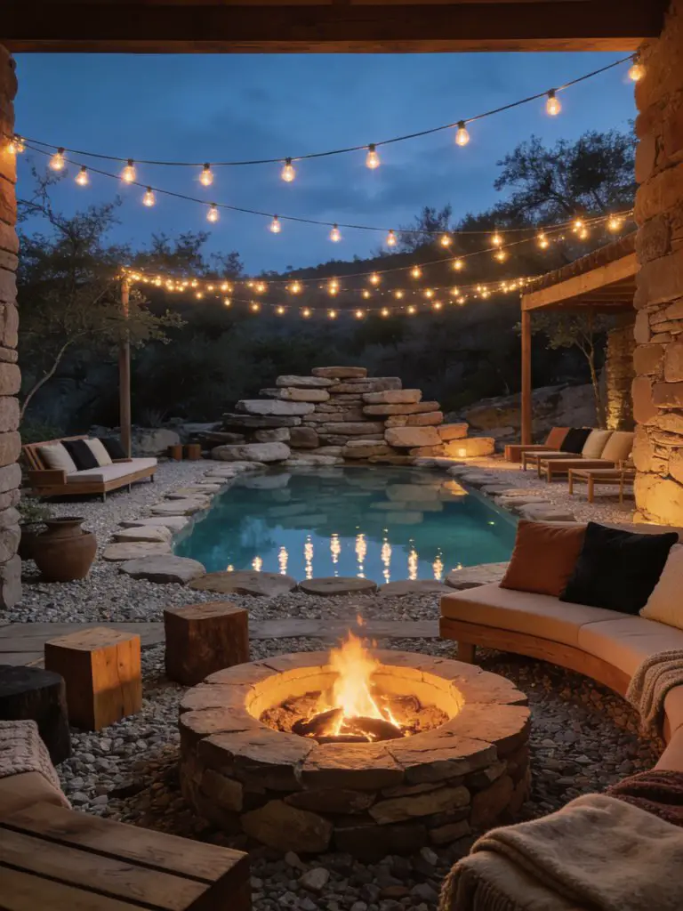 A cozy natural swimming pool backyard designed for evening ambiance with a firepit and warm lighting, blending rustic and warm minimalist st.