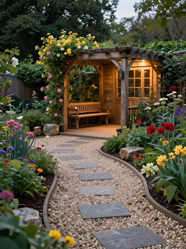 A cozy garden-style driveway side featuring a winding gravel path leading to a wooden pergola seating area, surrounded by lush flower beds.