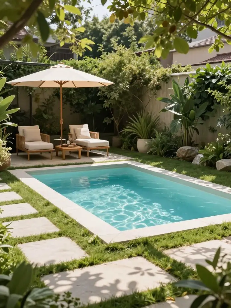 A cozy garden backyard pool with a small rectangular design surrounded by grass, stepping stones, and a shaded lounge area under a large umb.