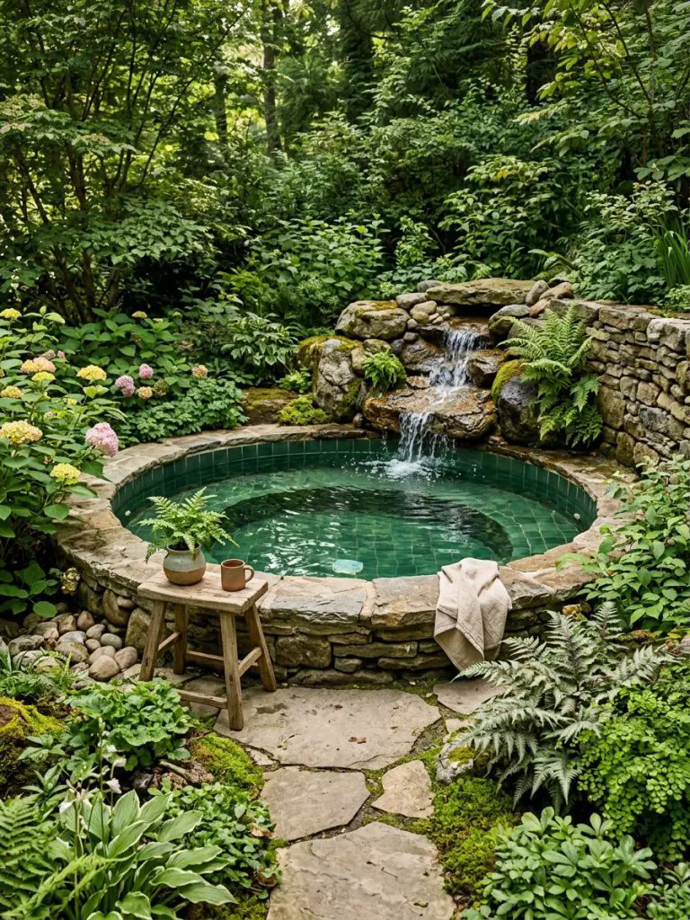A cozy garden spa-style plunge pool designed in rustic natural style, featuring a small circular pool lined with deep green tiles and surrou.