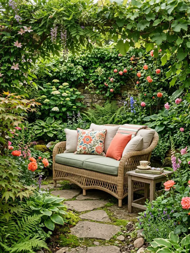 A secluded garden nook featuring a wicker loveseat surrounded by dense greenery and vibrant flowers, styled in a modern rustic outdoor aesth.
