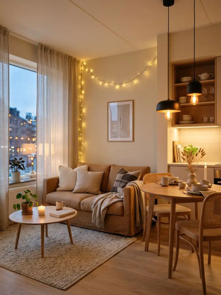 A cozy minimalist apartment living room with dining area, styled in a warm modern aesthetic with soft ambient lighting.