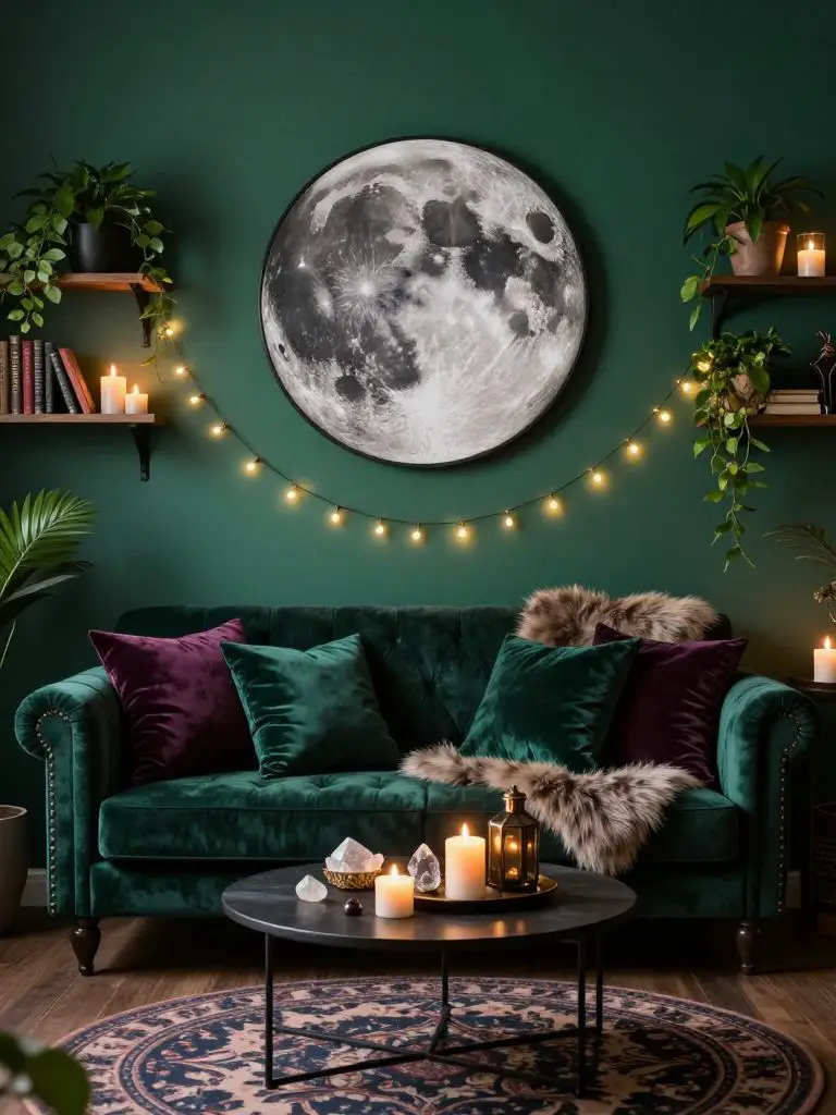 A cozy witchy corner featuring a teal-green wall with a large circular moon artwork as the central focal point above a plush tufted sofa.