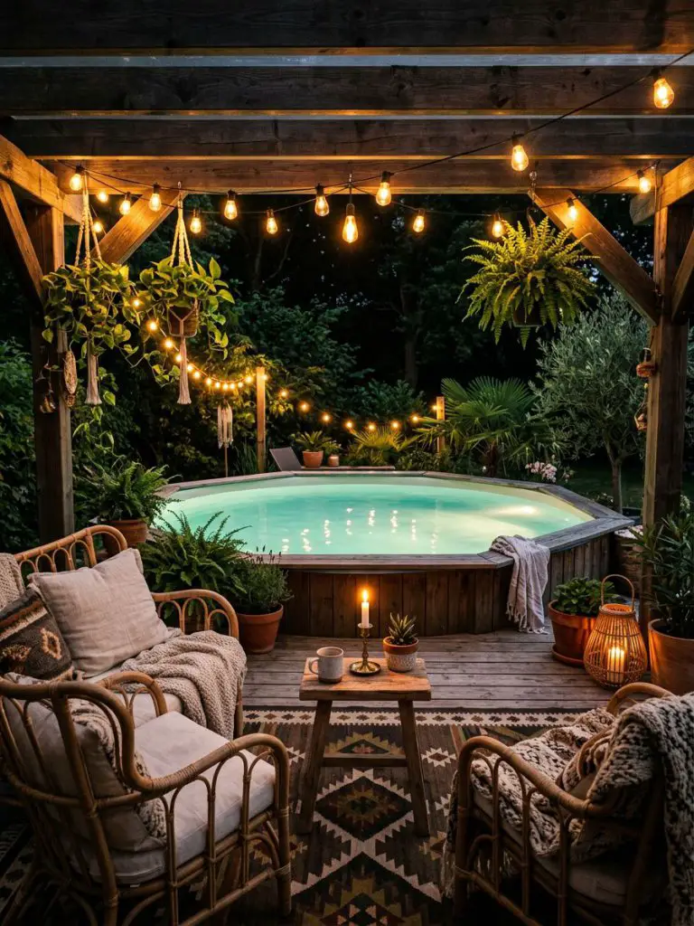 A cozy nighttime above ground pool nook styled with boho-modern rustic elements under warm string lights.