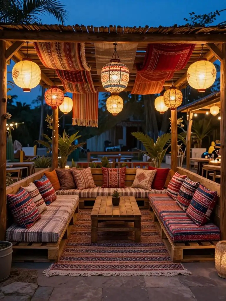 A cozy outdoor lounge under a wooden pergola decorated with colorful lanterns and layered textiles.