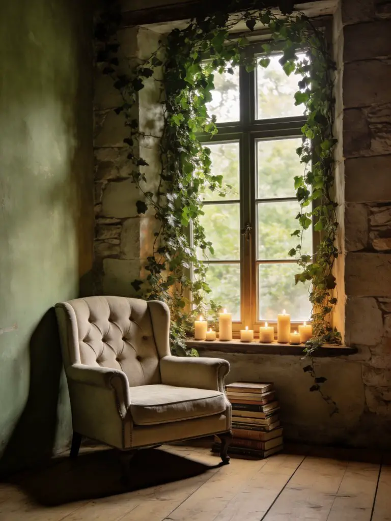 A cozy reading nook with a tufted armchair beside a tall window framed by climbing ivy and soft candlelight.
