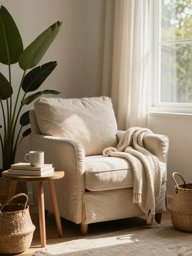 A cozy reading nook designed with sustainable materials and a soft earthy aesthetic.