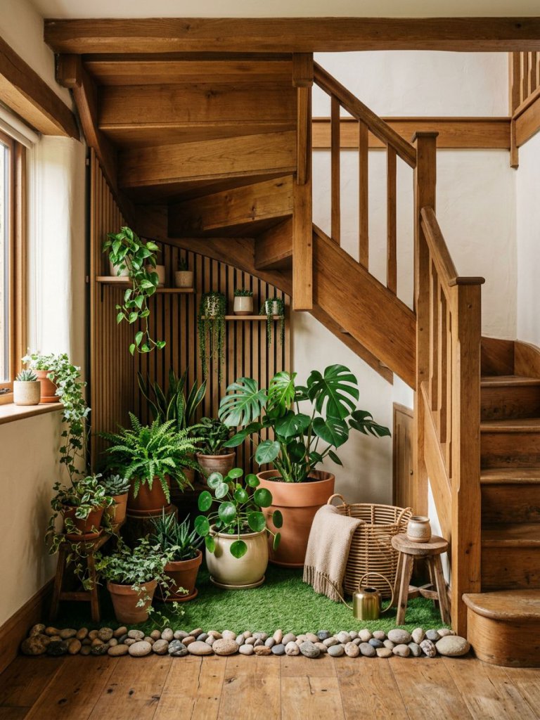 A cozy small garden under stairs styled in a warm rustic indoor aesthetic, featuring a wooden staircase with rich oak tones and a compact pl.