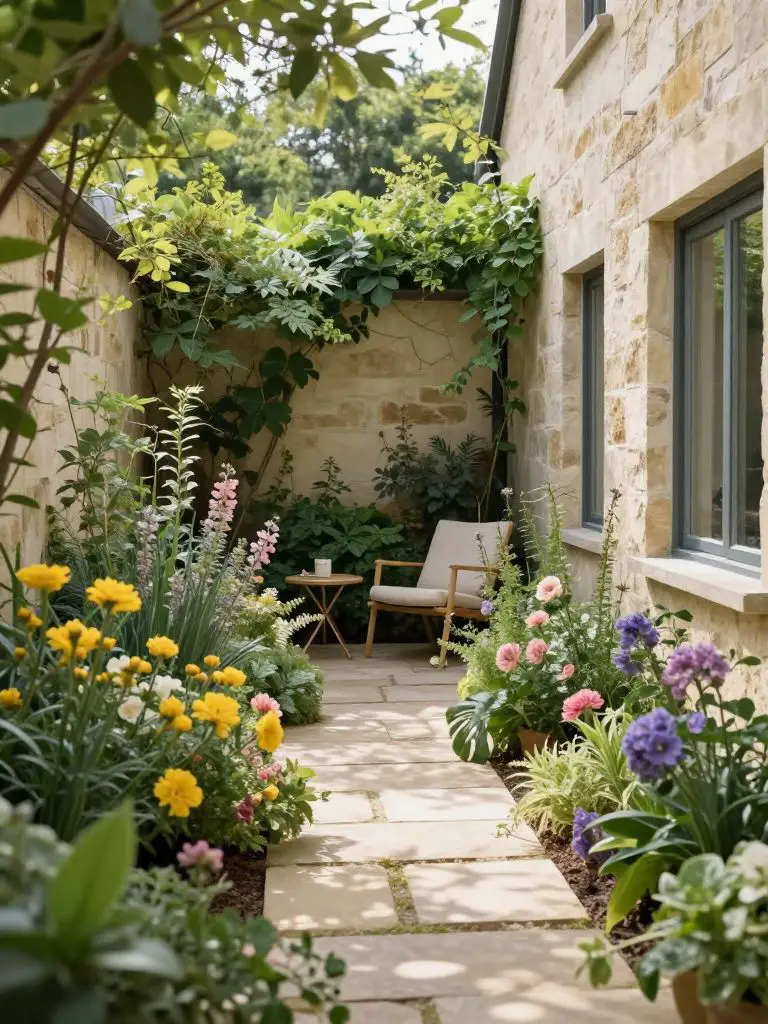 A lush narrow side yard garden in a cottage-inspired modern rustic style, featuring a simple stone pathway surrounded by dense flowering pla.