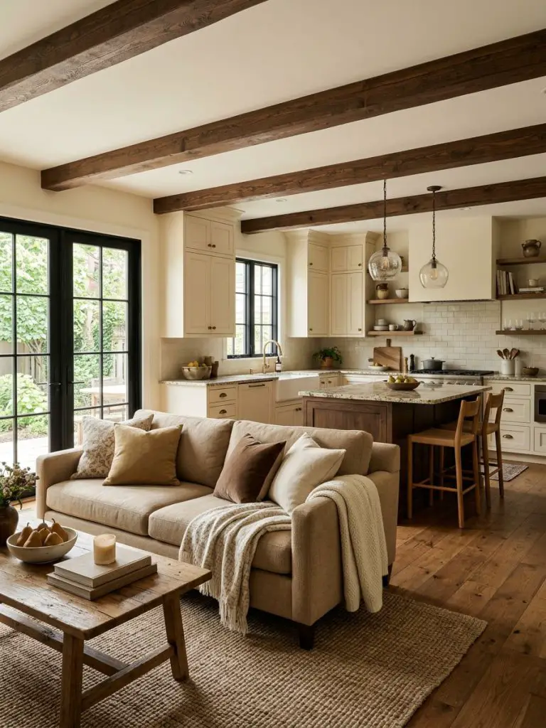 A cozy transitional open concept kitchen that blends traditional charm with modern comfort, featuring exposed ceiling beams and soft neutral.