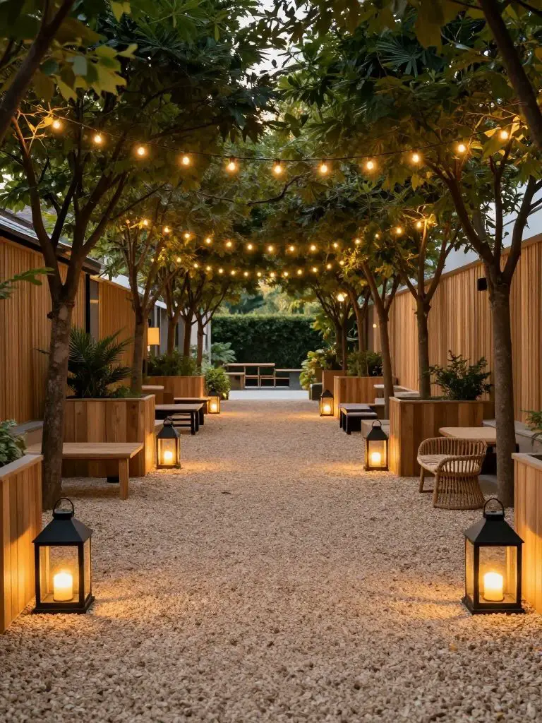 A long narrow garden walkway designed in a warm minimalist and modern rustic style, featuring a straight gravel path lined with evenly space.