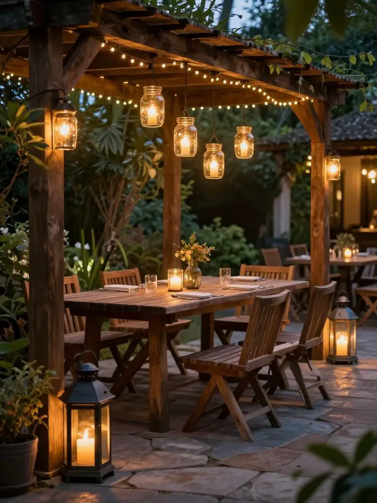 A cozy vintage garden dining setup illuminated with warm string lights and lanterns, styled in modern rustic aesthetic.
