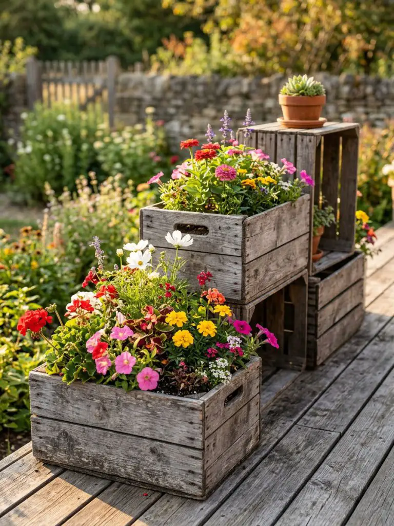 A layered arrangement of rustic wooden crate planters placed on a deck, creating vertical interest.