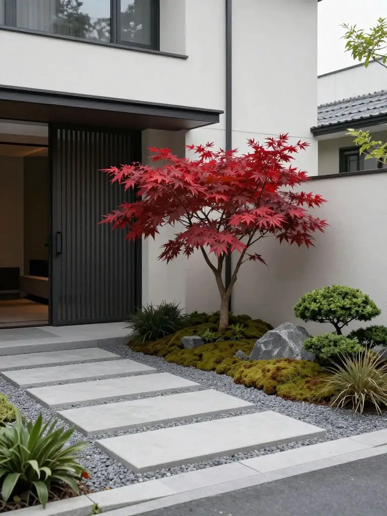 A modern Japanese-inspired end of driveway landscaping scene featuring a striking red Japanese maple as the focal point near a contemporary.