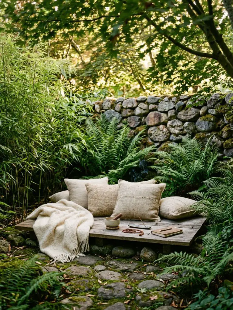 Nestled in a secluded garden corner, a cozy meditation nook is defined by a low wooden platform adorned with handwoven linen cushions and a.