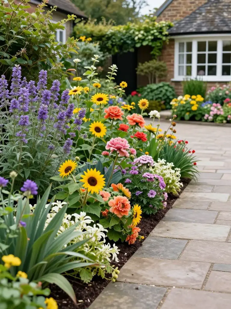 A vibrant cottage garden end of driveway landscaping scene filled with colorful perennials and lush greenery bordering a paved driveway.