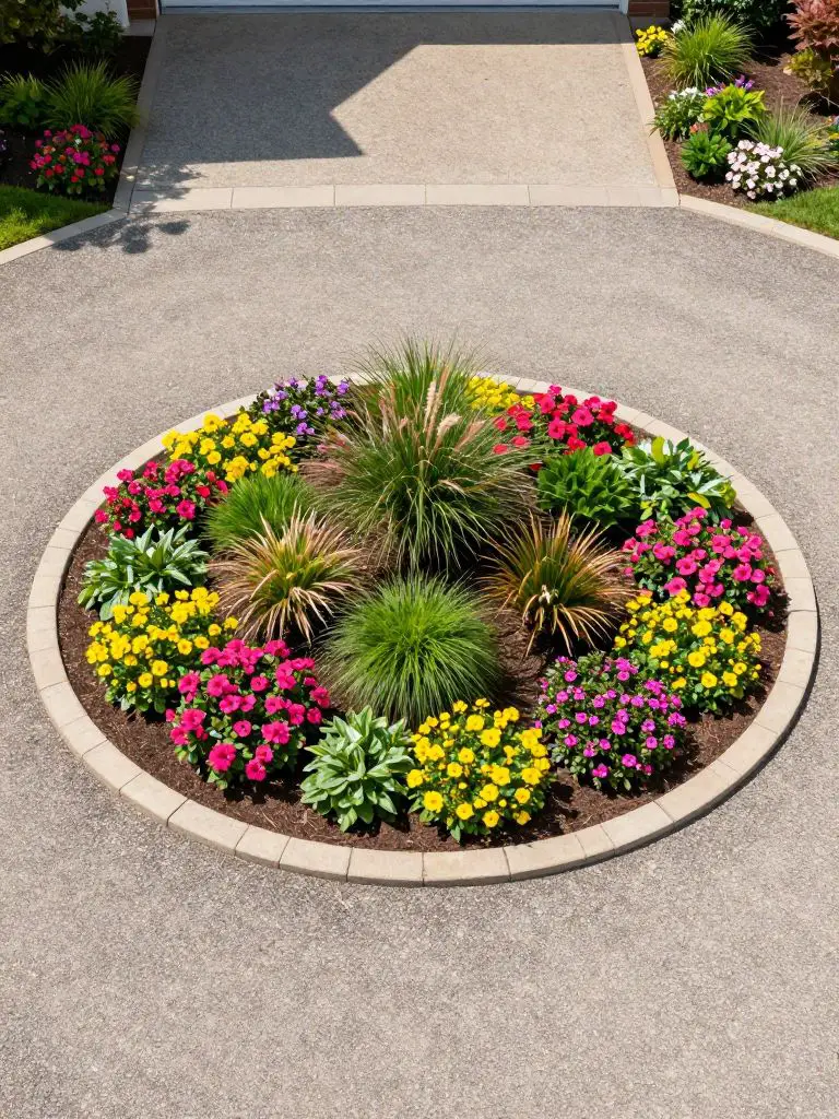 A circular driveway design centered around a vibrant landscaped island filled with colorful flowers and ornamental grasses.