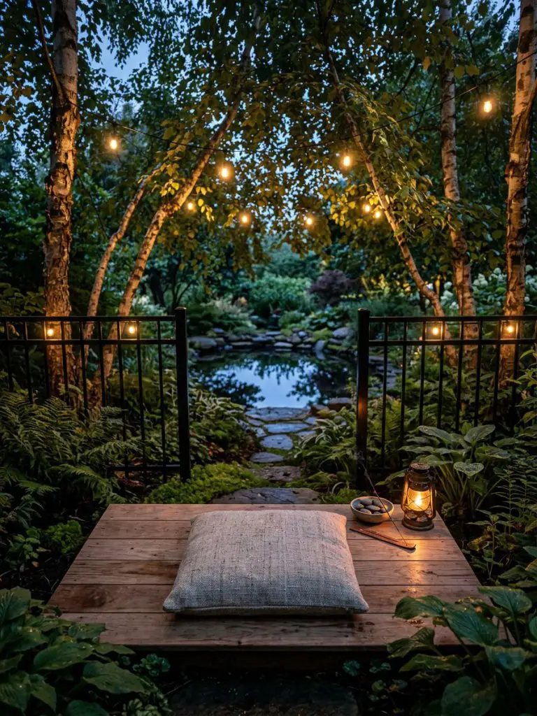 A secluded garden alcove is designed as a dedicated moonlit meditation spot, nestled within lush greenery and bordered by a low, matte black.