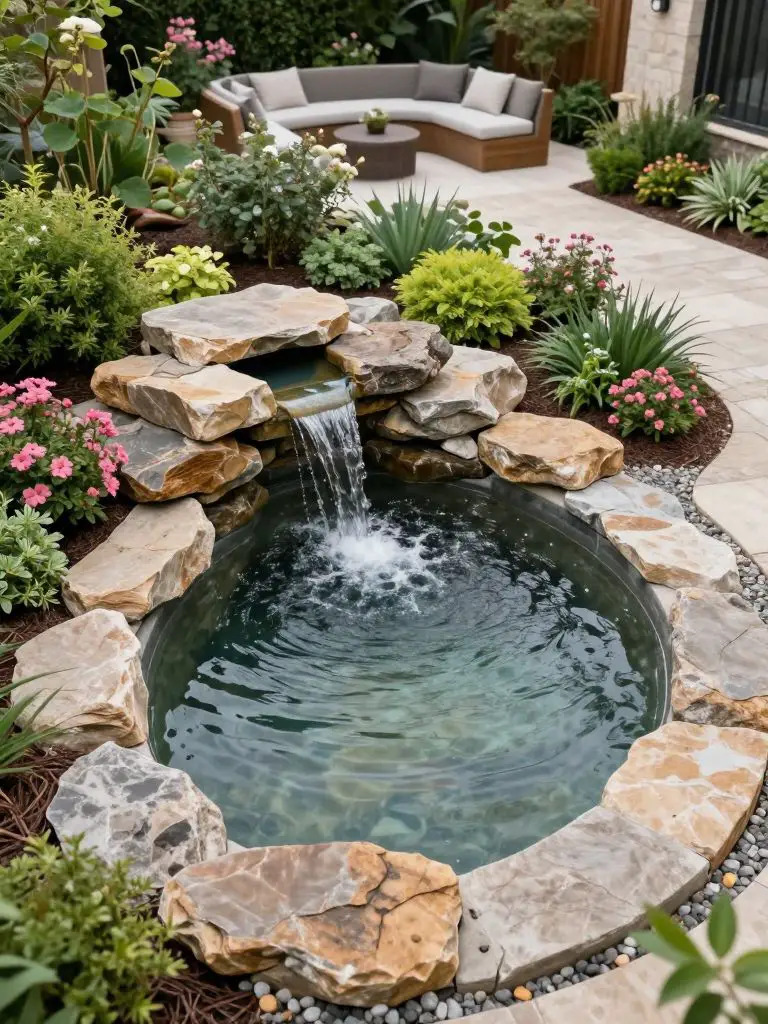A curved backyard pond integrated into a landscaped garden, designed in a natural modern rustic style.