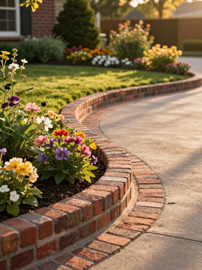 A warm and inviting driveway edging design featuring curved brick borders framing a lush lawn and flower beds, styled in traditional garden.