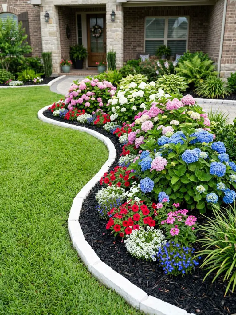 A curved front yard flower bed designed with hydrangeas, colorful annuals, and crisp white stone edging in a modern suburban garden style.