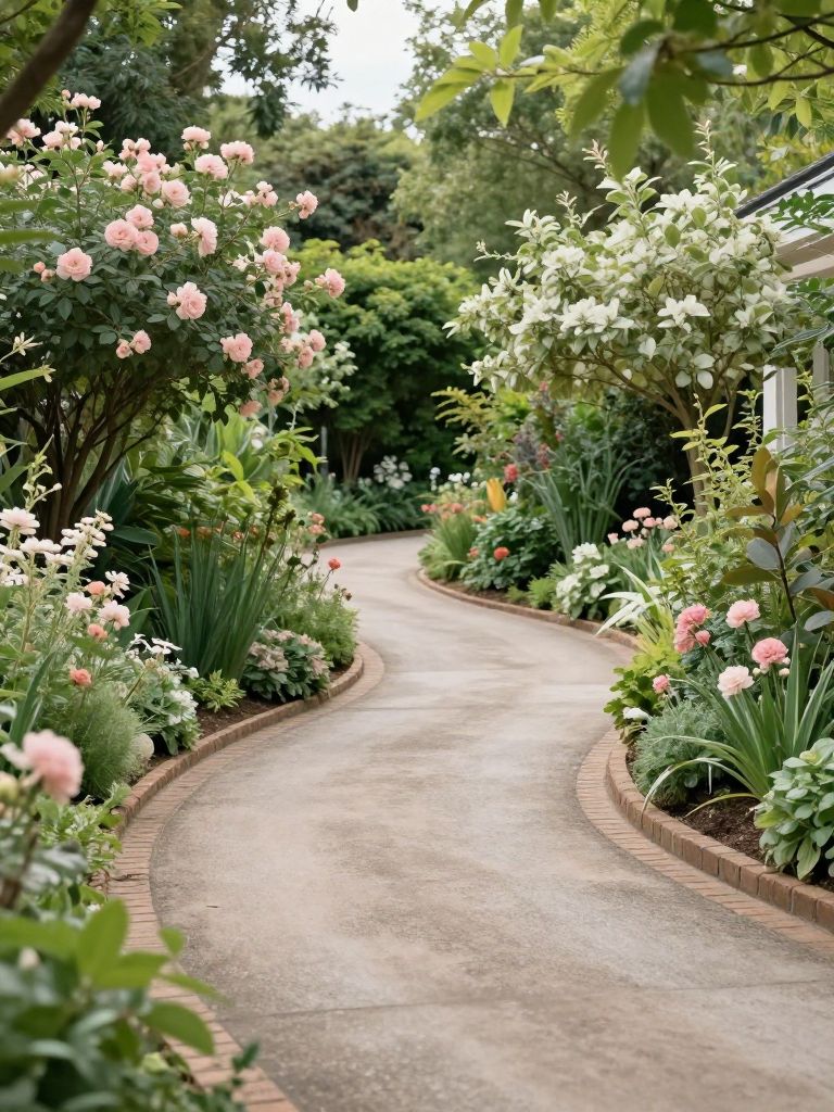 A gently curved narrow driveway surrounded by lush cottage-style landscaping with a natural feel.