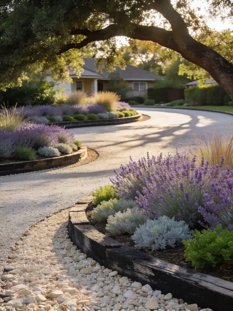 A curved gravel driveway designed in a modern rustic landscape style, featuring layered planting beds that follow the soft bend of the path.