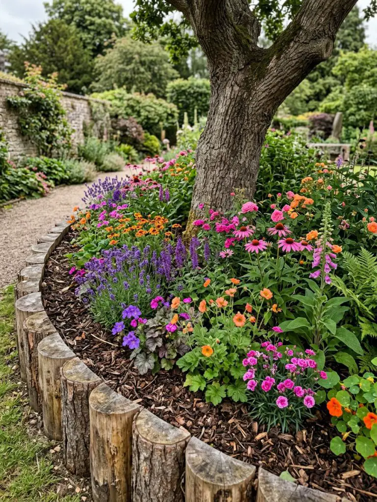 A natural flowing tree flower bed bordered with cut log sections forming a curved edge in a warm rustic garden design.