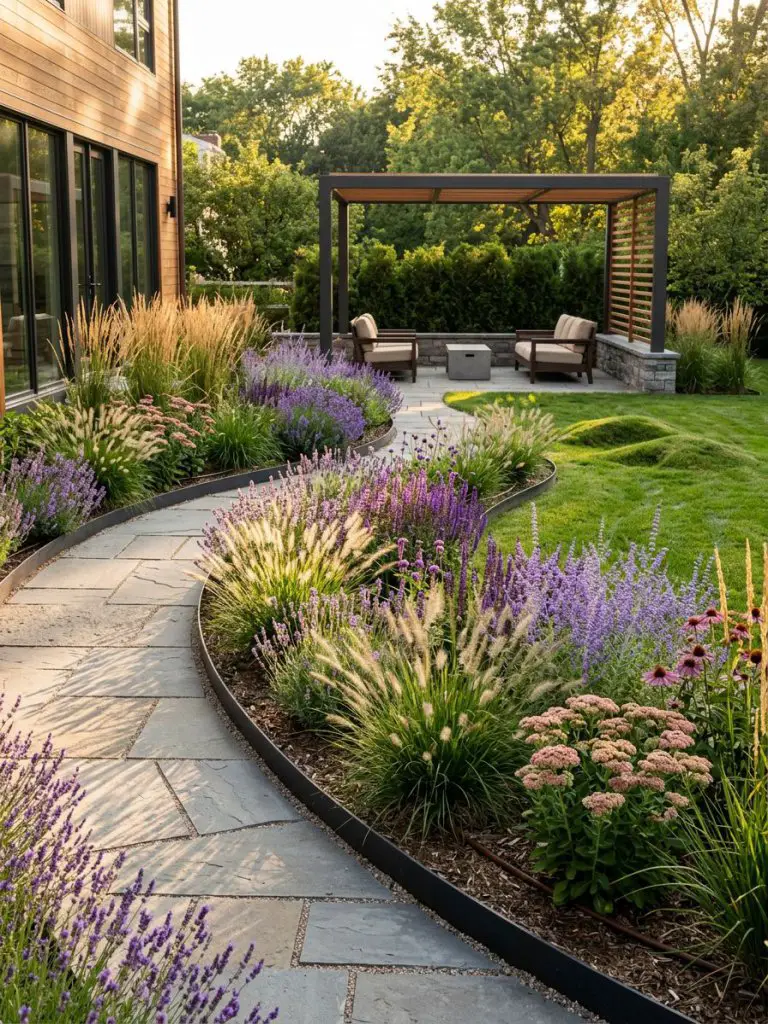 A modern curved backyard flower bed integrating ornamental grasses and purple flowering plants in a contemporary garden layout.