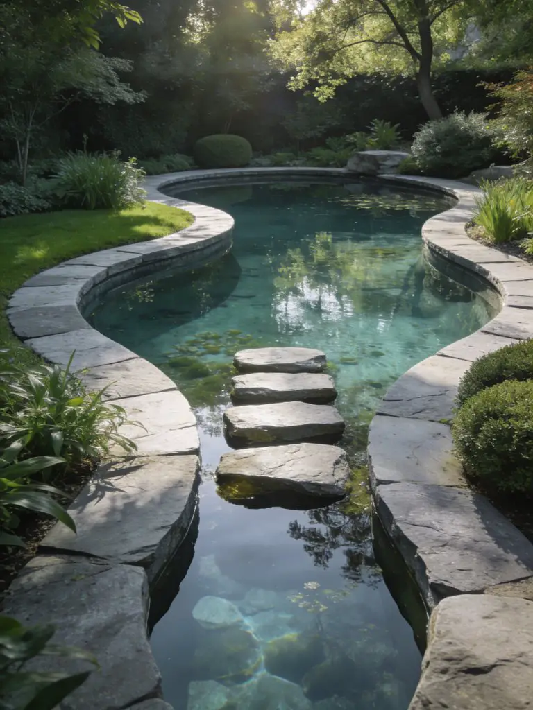A curved organic backyard pond pool with smooth stone edges and stepping stones partially submerged in water.