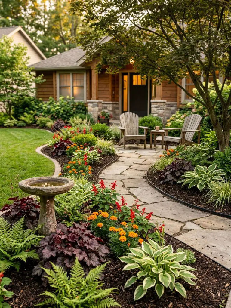 A front yard flower bed designed in a warm minimalist and modern rustic style featuring a curved stone pathway leading to a cozy seating noo.