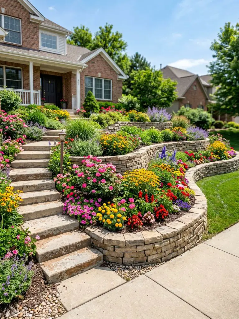A front yard small sloped garden featuring curved retaining walls and vibrant flower beds filled with pink, yellow, red, and purple blossoms.