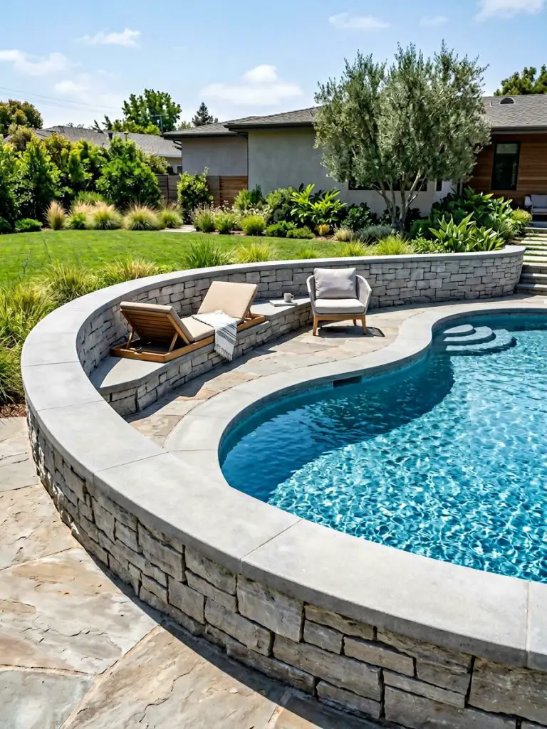 A curved backyard pool bordered by a smooth retaining wall with built-in seating areas.