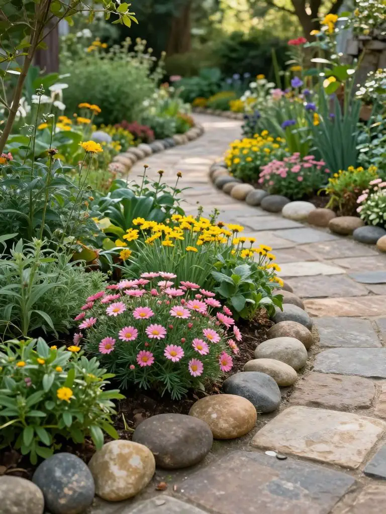 A winding garden pathway bordered by rounded river rock edging, set within a naturalistic garden landscape that blends cottage garden style.
