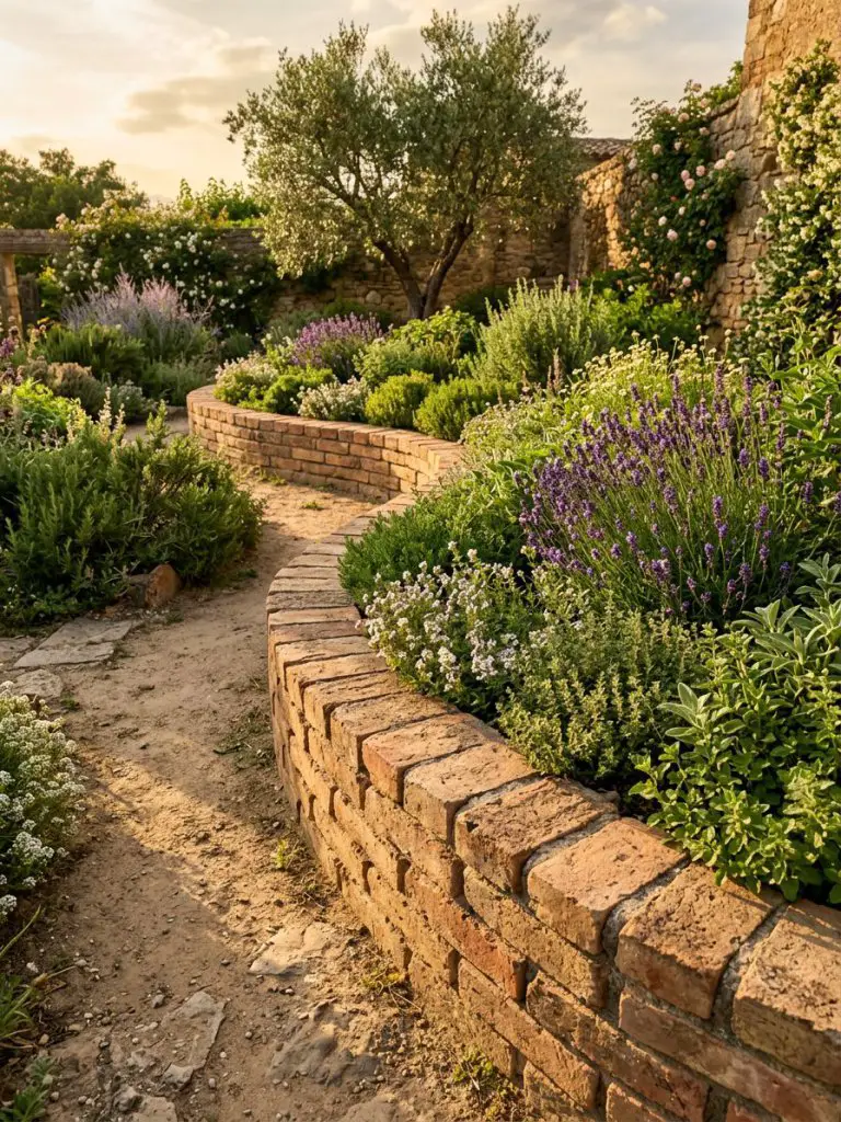 A sunlit herb and flower garden featuring curved stacked brick edging forming a raised border, designed in Mediterranean rustic style.